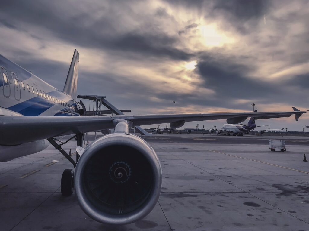 Close-up view of the right wing of a private jet.