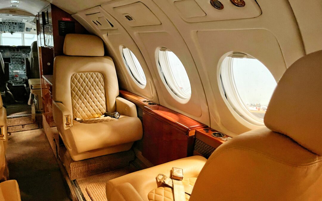 Luxurious and spacious seating in a private jet.