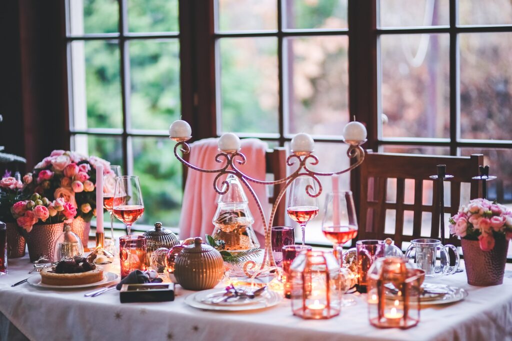 A festive Christmas table adorned with holiday decorations.