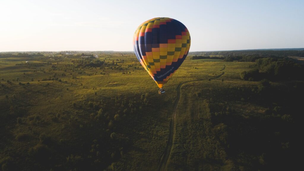 Colorful hot air balloon soaring.