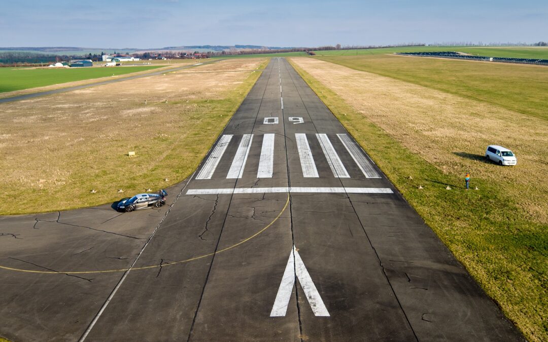 Aerial view of an airport runway.