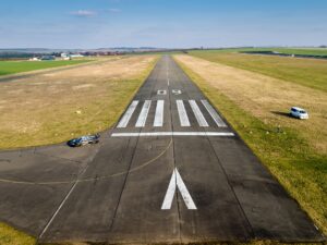 Aerial view of an airport runway.