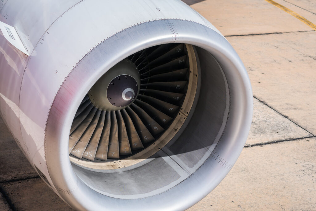 Close-up view of an airplane engine fan.