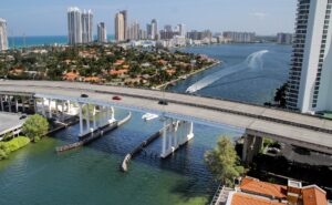 Scenic view of a modern bridge in Miami Beach, Florida.