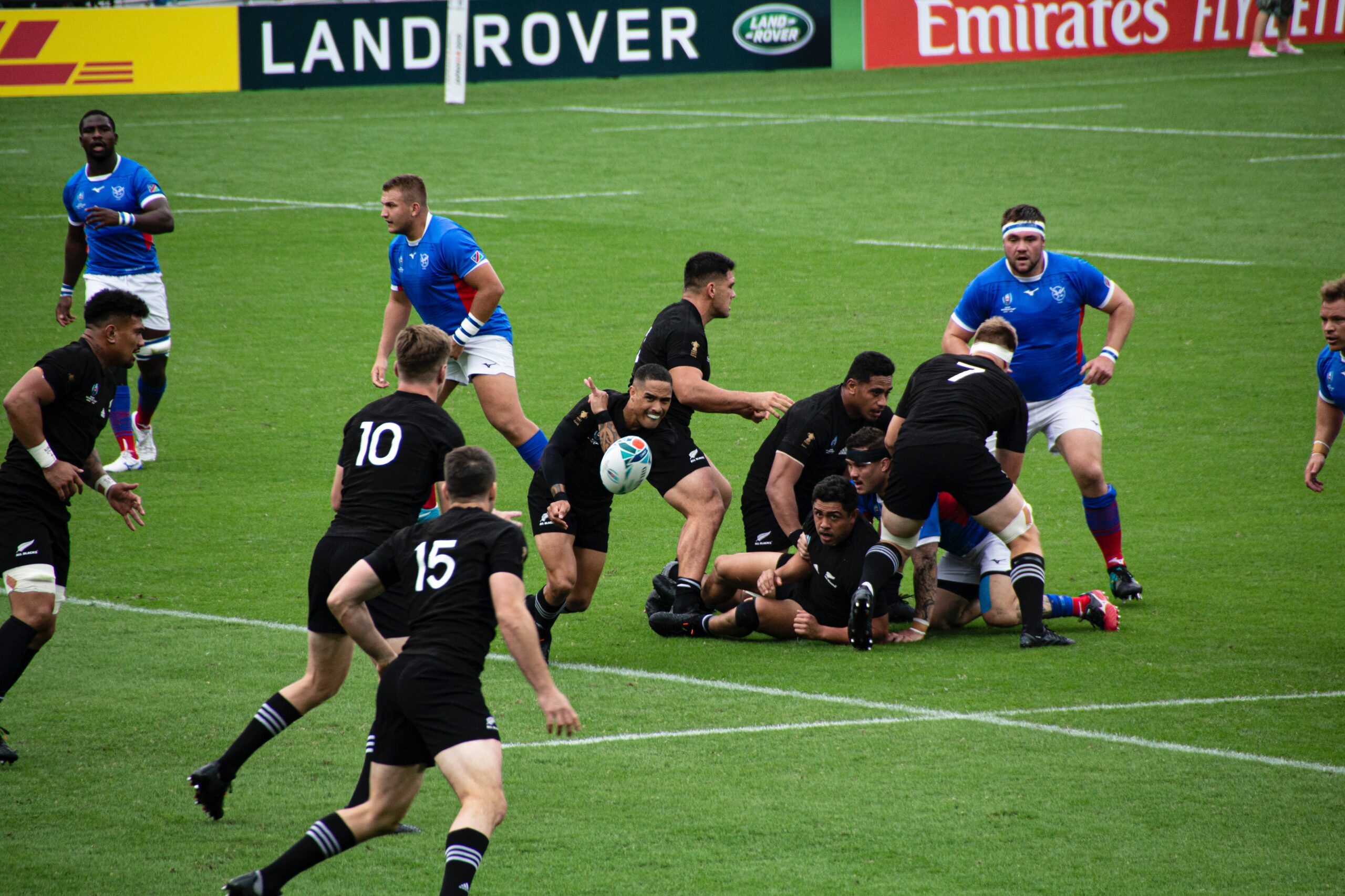 Rugby players in action during an intense match.