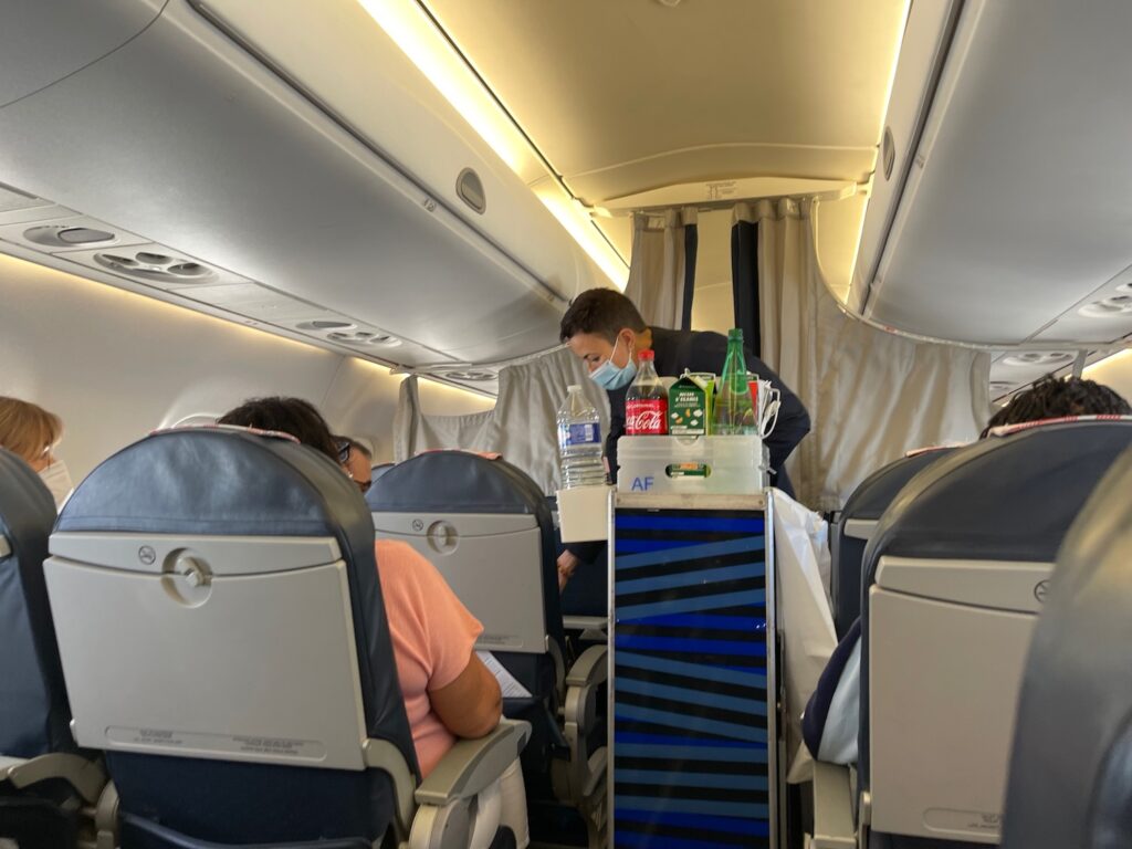 Flight attendant serving meals to passengers on an airplane.