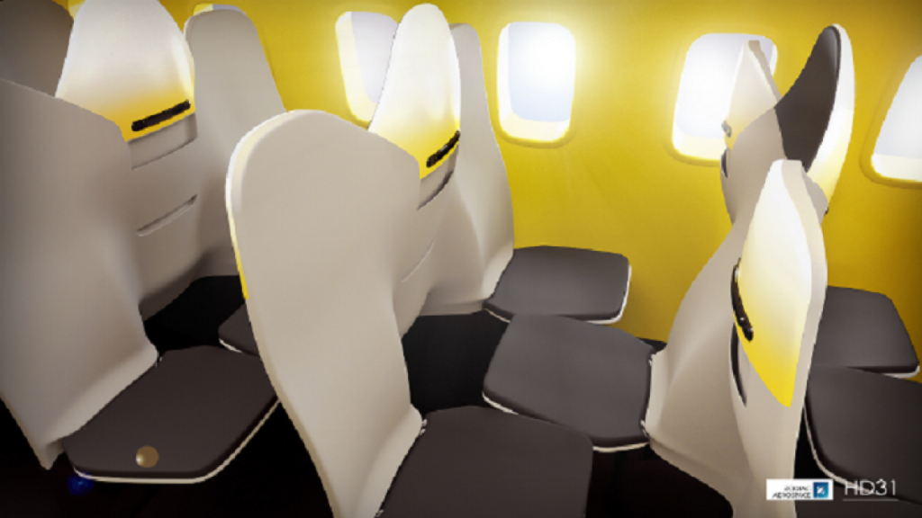 Compact seating arrangement on a standard passenger airplane.